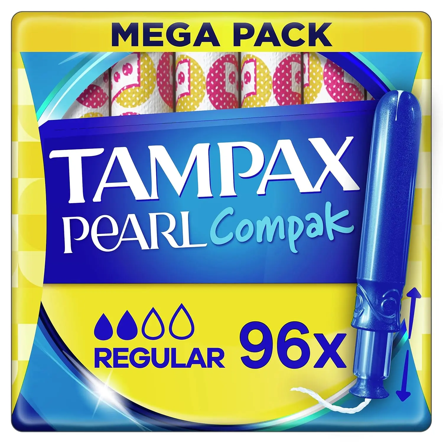 Tampax Pearl Compak regular absorbency tampons with MotionFit technology, LeakGuard Braid, a SmoothTouch applicator, anti-slip grip, and rounded tip, independently tested by Oeko-Tex, providing comfortable and reliable period protection.