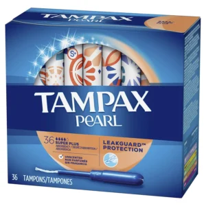 This is a box of 36 Tampax Pearl Super Plus absorbency unscented tampons with LeakGuard Braid, made in the United States.