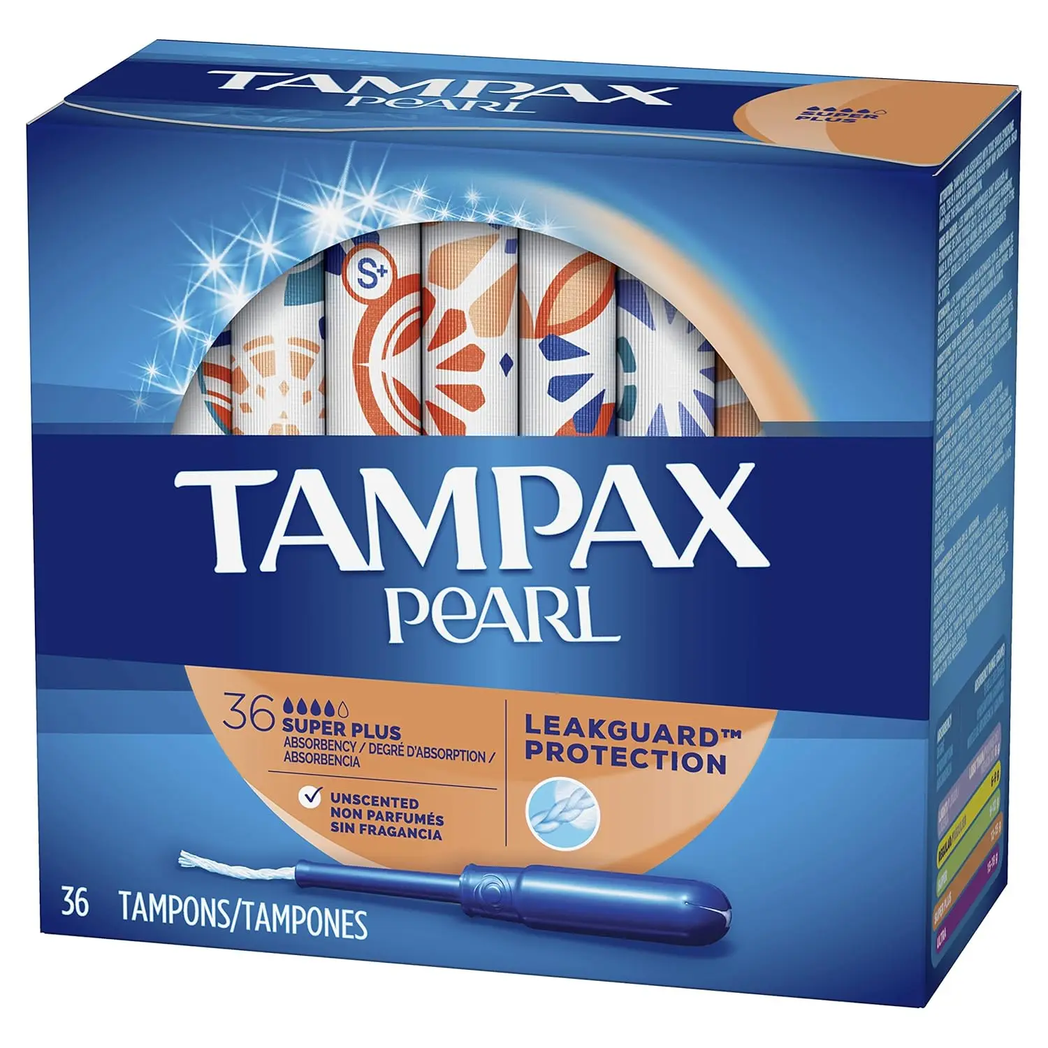 This is a box of 36 Tampax Pearl Super Plus absorbency unscented tampons with LeakGuard Braid, made in the United States.