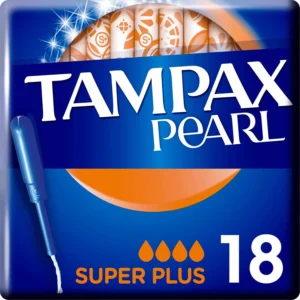 This is a box of Tampax Pearl Super Plus absorbency tampons with 18 tampons per box, manufactured by Procter & Gamble.