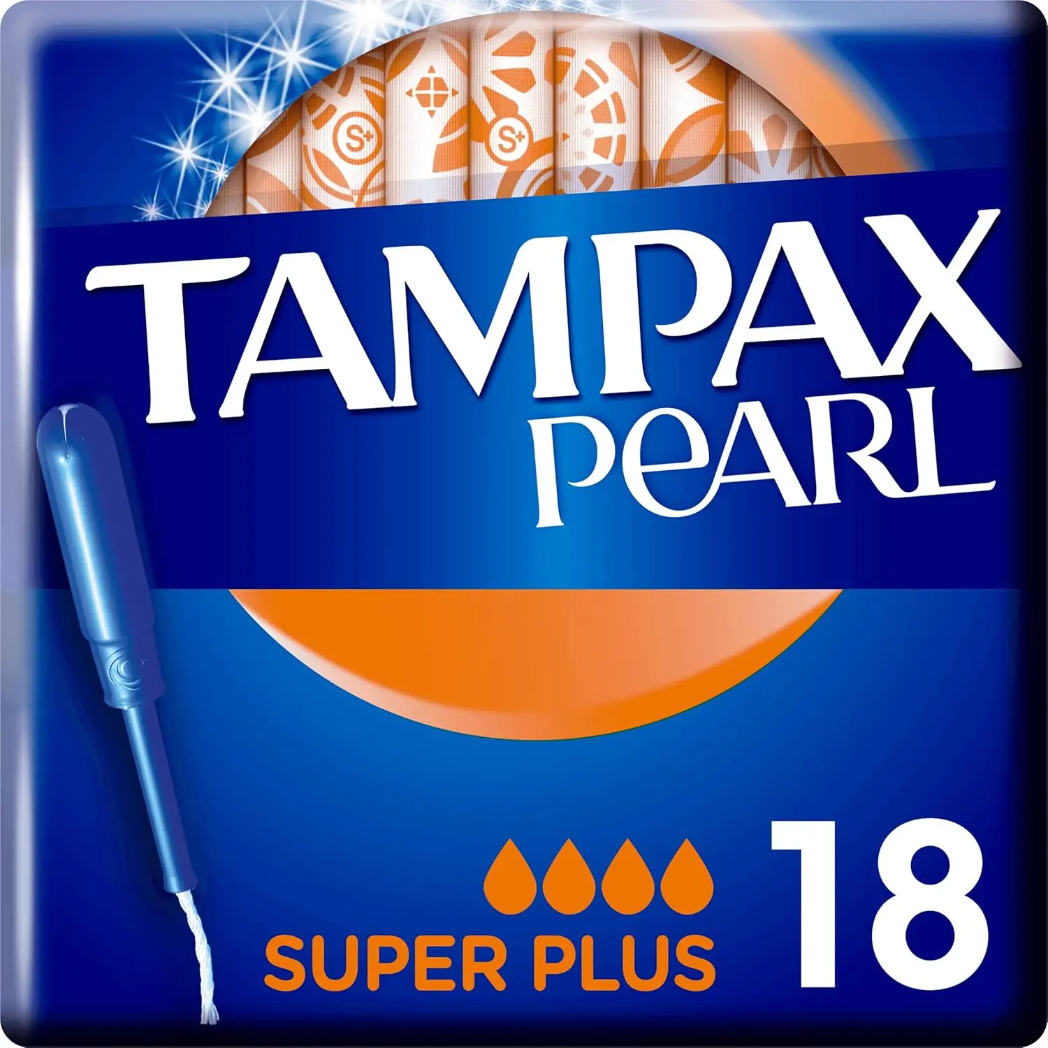 This is a box of Tampax Pearl Super Plus absorbency tampons with 18 tampons per box, manufactured by Procter & Gamble.