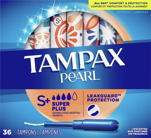This is a box of 36 Tampax Pearl Super Plus absorbency unscented tampons with LeakGuard Braid, made in the United States.
