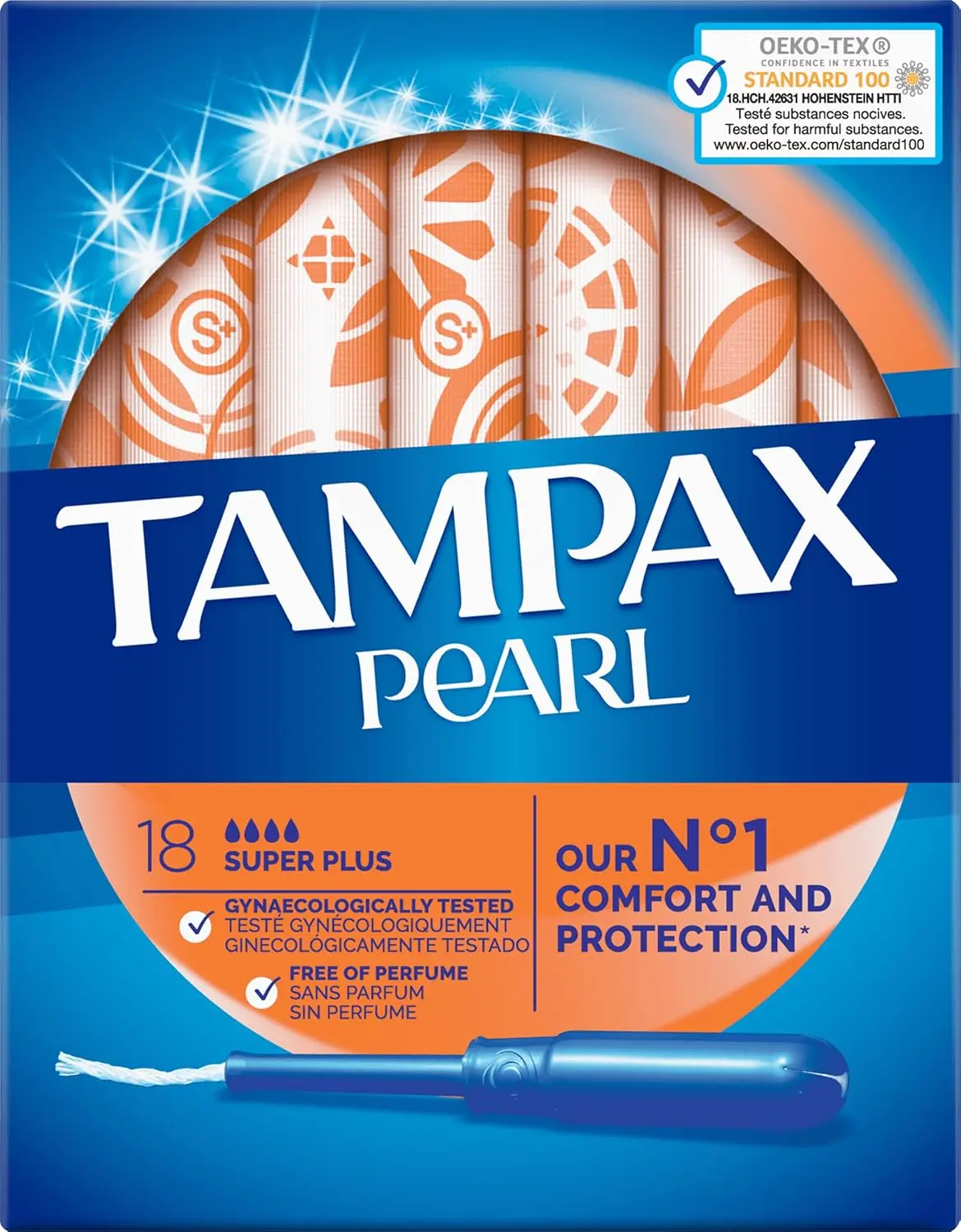 This is a box of Tampax Pearl Super Plus absorbency tampons with 18 tampons per box, manufactured by Procter & Gamble.
