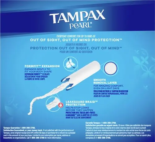 This is a box of 36 Tampax Pearl Super Plus absorbency unscented tampons with LeakGuard Braid, made in the United States.