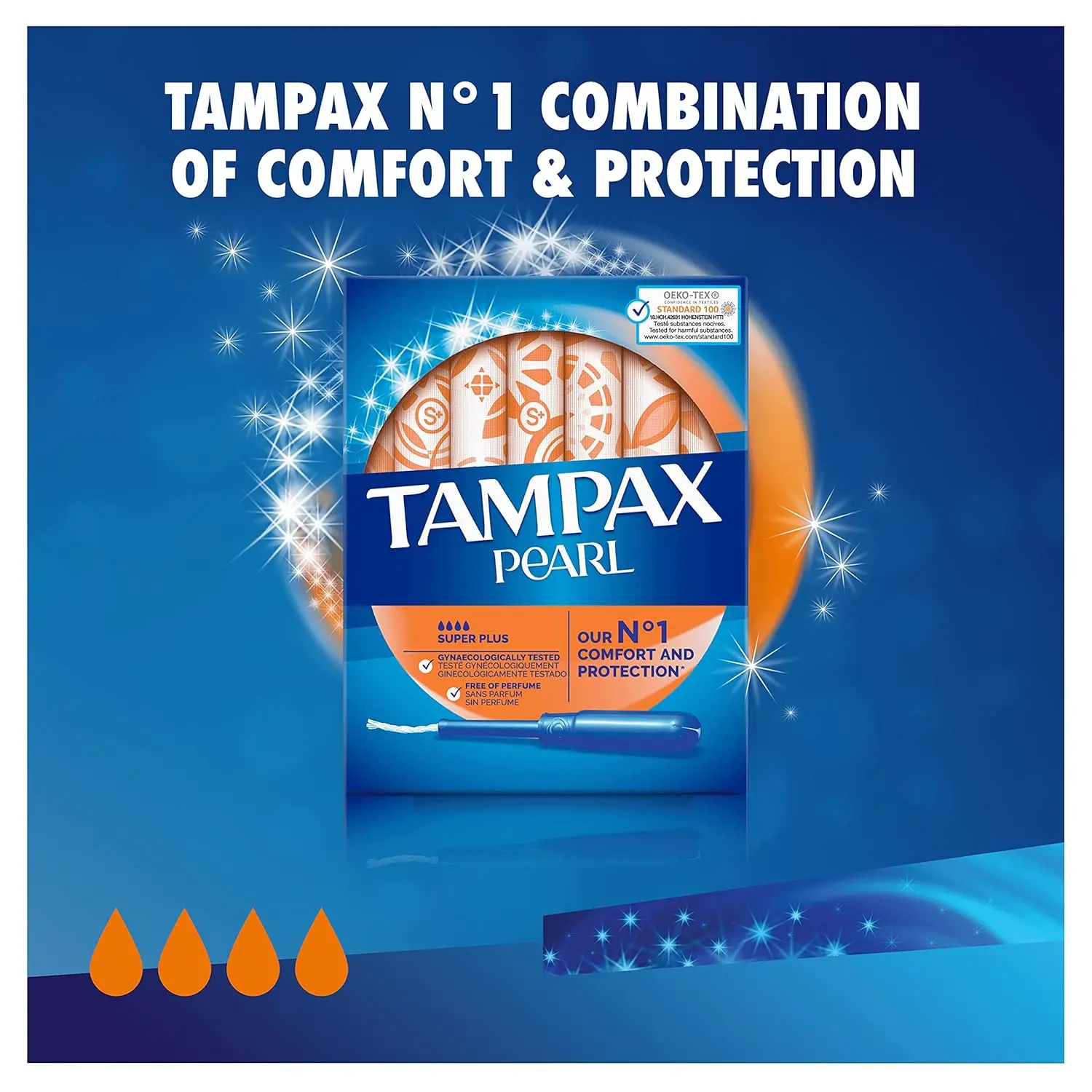 This is a box of Tampax Pearl Super Plus absorbency tampons with 18 tampons per box, manufactured by Procter & Gamble.