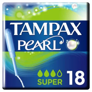 This image shows a box of Tampax Pearl Super tampons with applicator, designed for medium to heavy flow with a LeakGuard braid to prevent leaks and a FormFit design for comfortable protection.