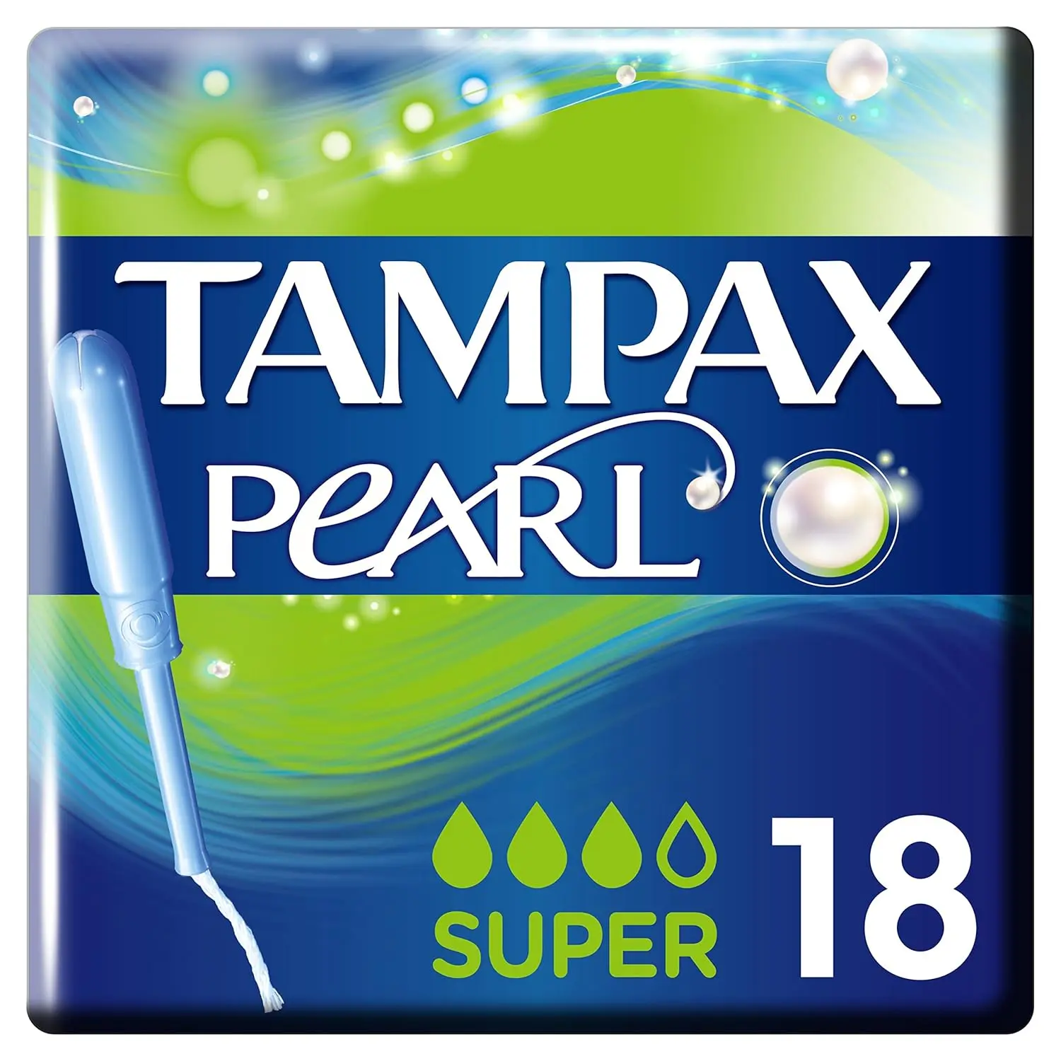 This image shows a box of Tampax Pearl Super tampons with applicator, designed for medium to heavy flow with a LeakGuard braid to prevent leaks and a FormFit design for comfortable protection.