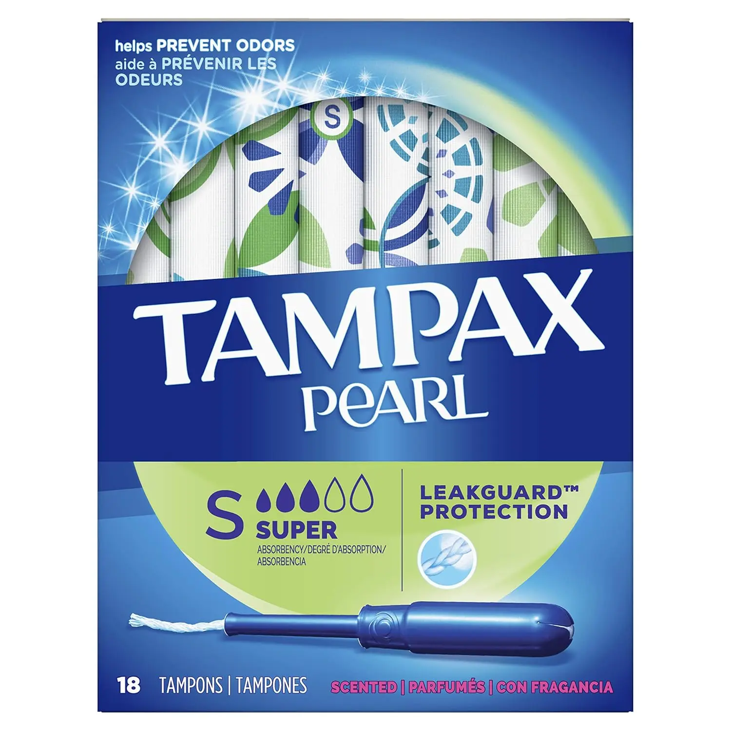 Tampax Pearl super absorbency tampons with a smooth plastic applicator, LeakGuard braid, and CleanGuard layer for comfortable protection against leaks, packaged in a discreet wrapper.