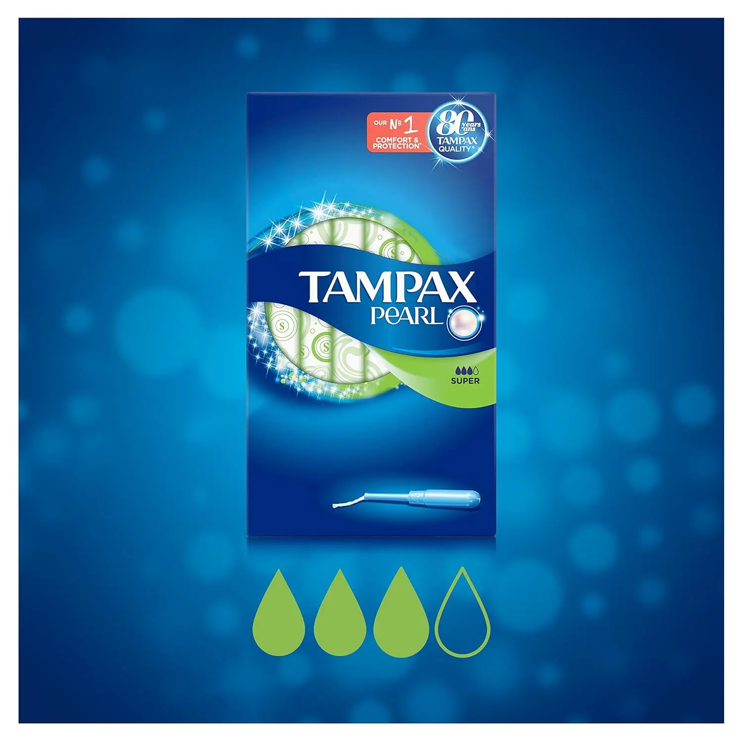 This image shows a box of Tampax Pearl Super tampons with applicator, designed for medium to heavy flow with a LeakGuard braid to prevent leaks and a FormFit design for comfortable protection.