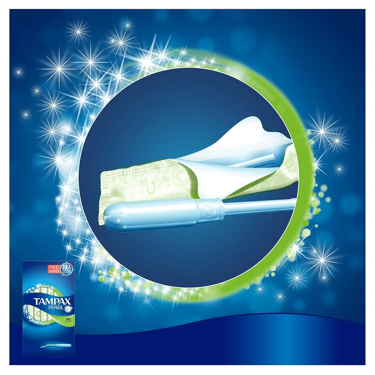 This image shows a box of Tampax Pearl Super tampons with applicator, designed for medium to heavy flow with a LeakGuard braid to prevent leaks and a FormFit design for comfortable protection.