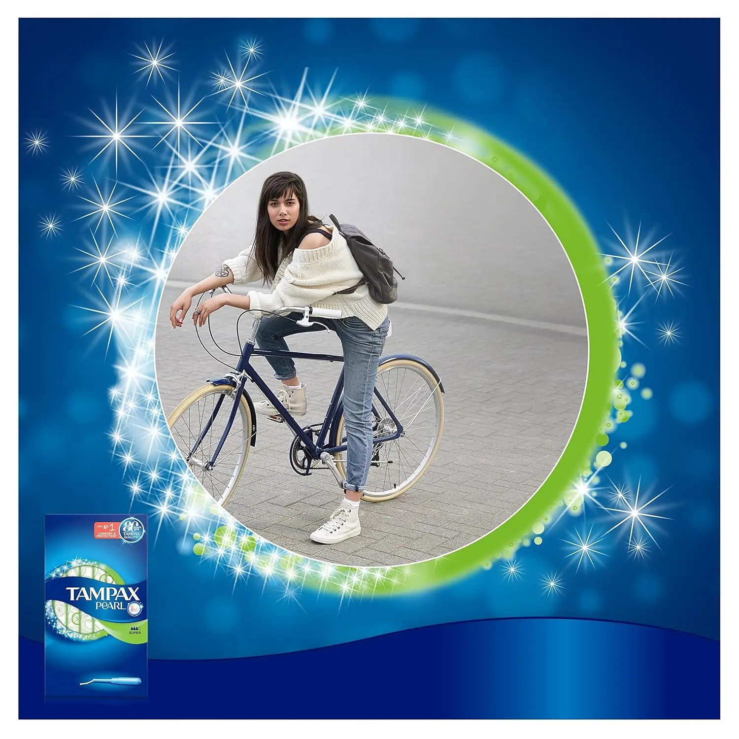 This image shows a box of Tampax Pearl Super tampons with applicator, designed for medium to heavy flow with a LeakGuard braid to prevent leaks and a FormFit design for comfortable protection.