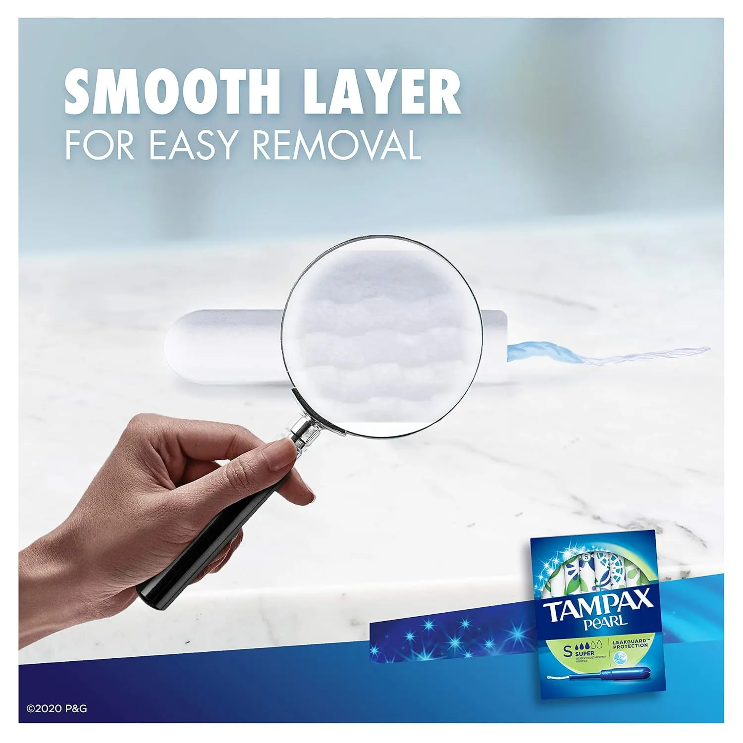 Tampax Pearl super absorbency tampons with a smooth plastic applicator, LeakGuard braid, and CleanGuard layer for comfortable protection against leaks, packaged in a discreet wrapper.