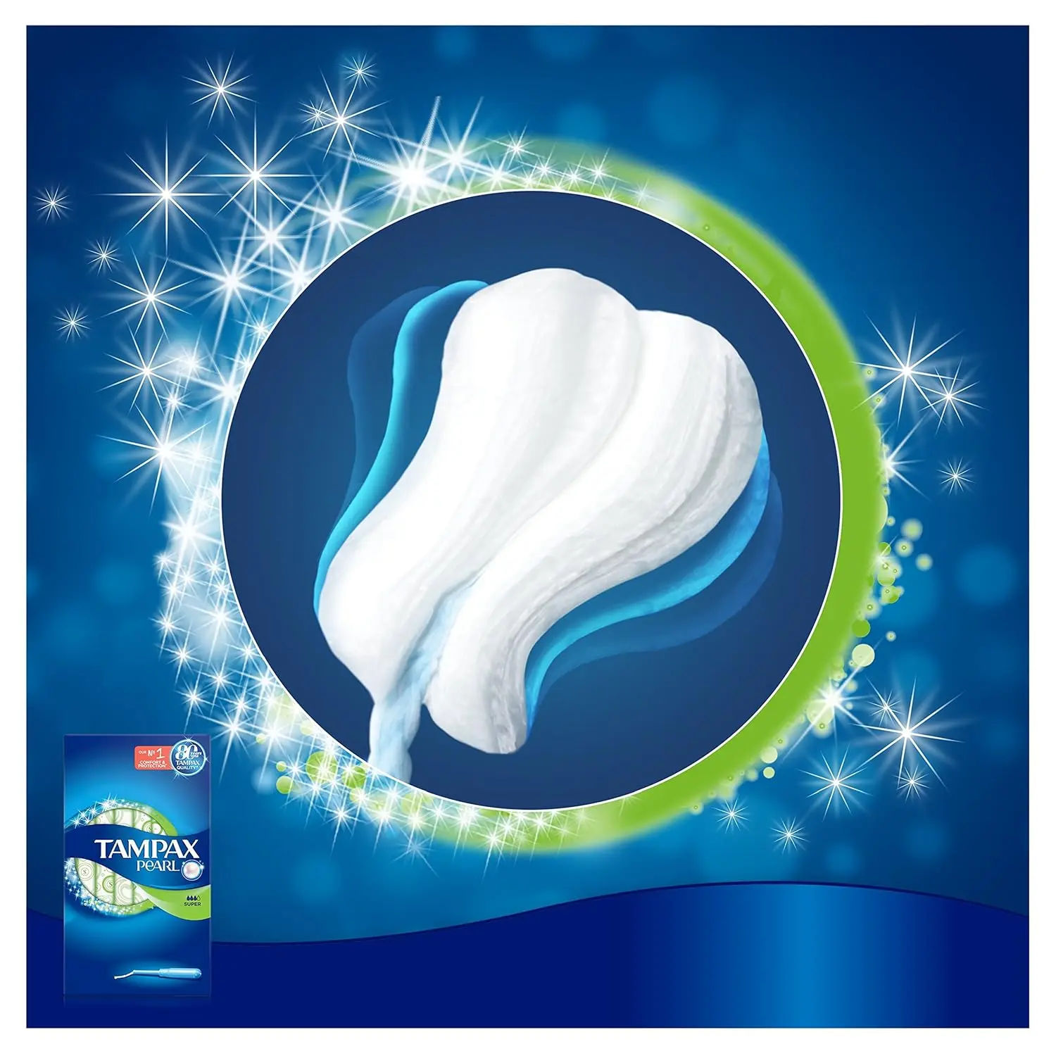 This image shows a box of Tampax Pearl Super tampons with applicator, designed for medium to heavy flow with a LeakGuard braid to prevent leaks and a FormFit design for comfortable protection.