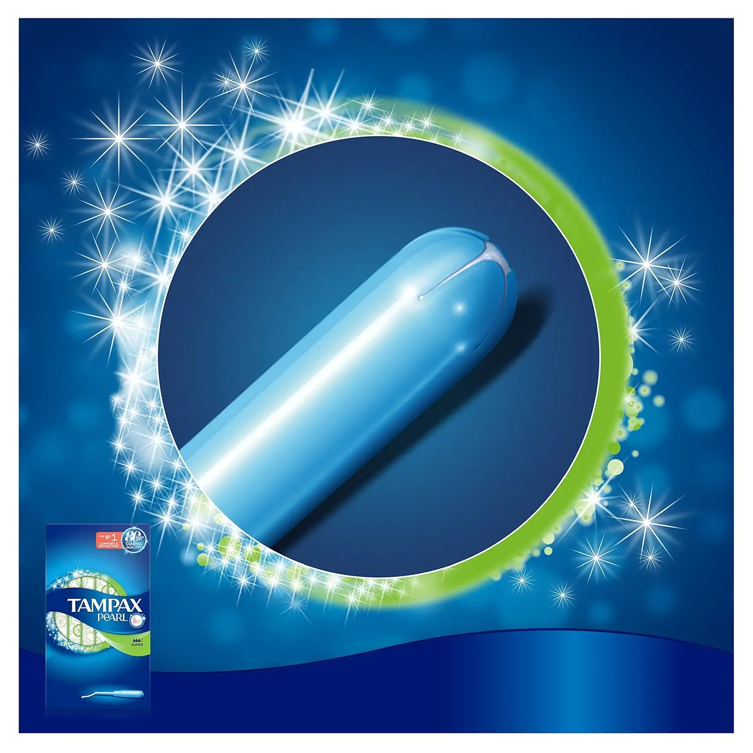 This image shows a box of Tampax Pearl Super tampons with applicator, designed for medium to heavy flow with a LeakGuard braid to prevent leaks and a FormFit design for comfortable protection.