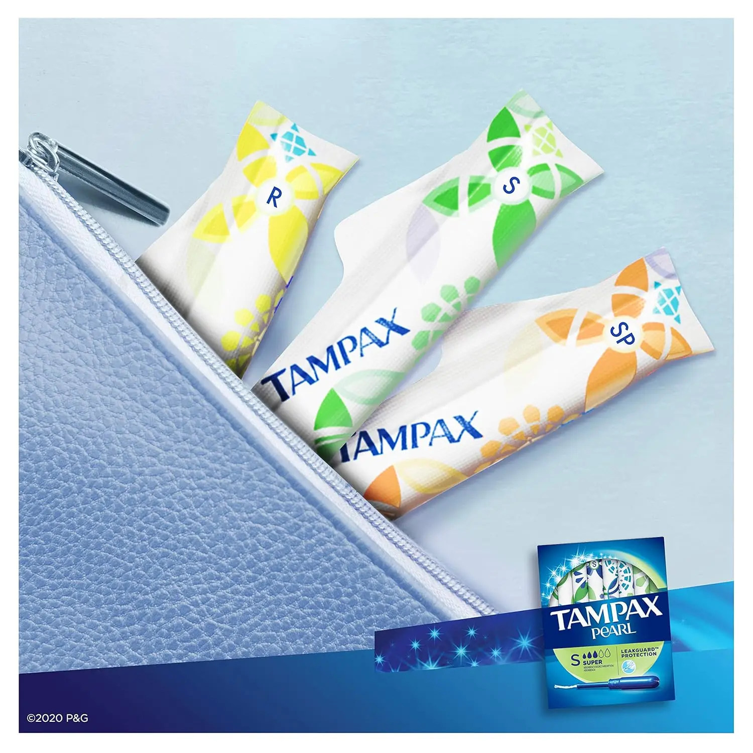Tampax Pearl super absorbency tampons with a smooth plastic applicator, LeakGuard braid, and CleanGuard layer for comfortable protection against leaks, packaged in a discreet wrapper.