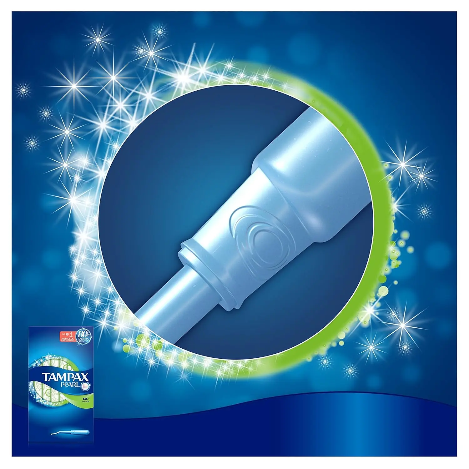 This image shows a box of Tampax Pearl Super tampons with applicator, designed for medium to heavy flow with a LeakGuard braid to prevent leaks and a FormFit design for comfortable protection.