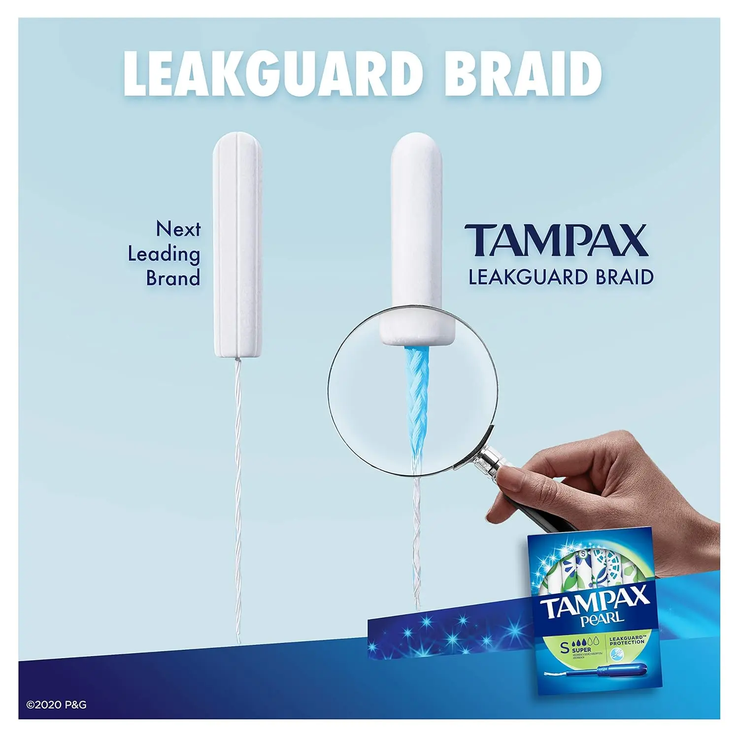 Tampax Pearl super absorbency tampons with a smooth plastic applicator, LeakGuard braid, and CleanGuard layer for comfortable protection against leaks, packaged in a discreet wrapper.