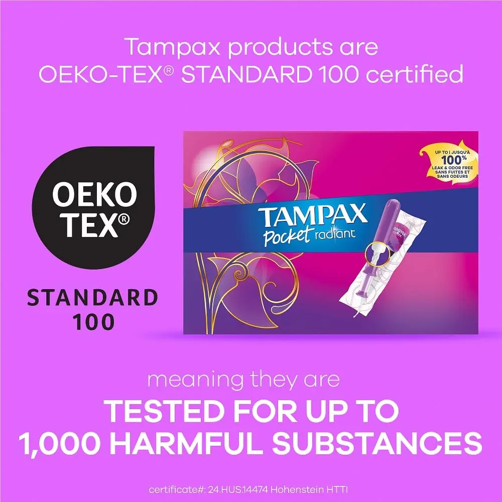 Tampax Radiant Compact Tampons Multi Pack with LeakGuard Braid offers discreet, comfortable, and up to 100% leak-free period protection.