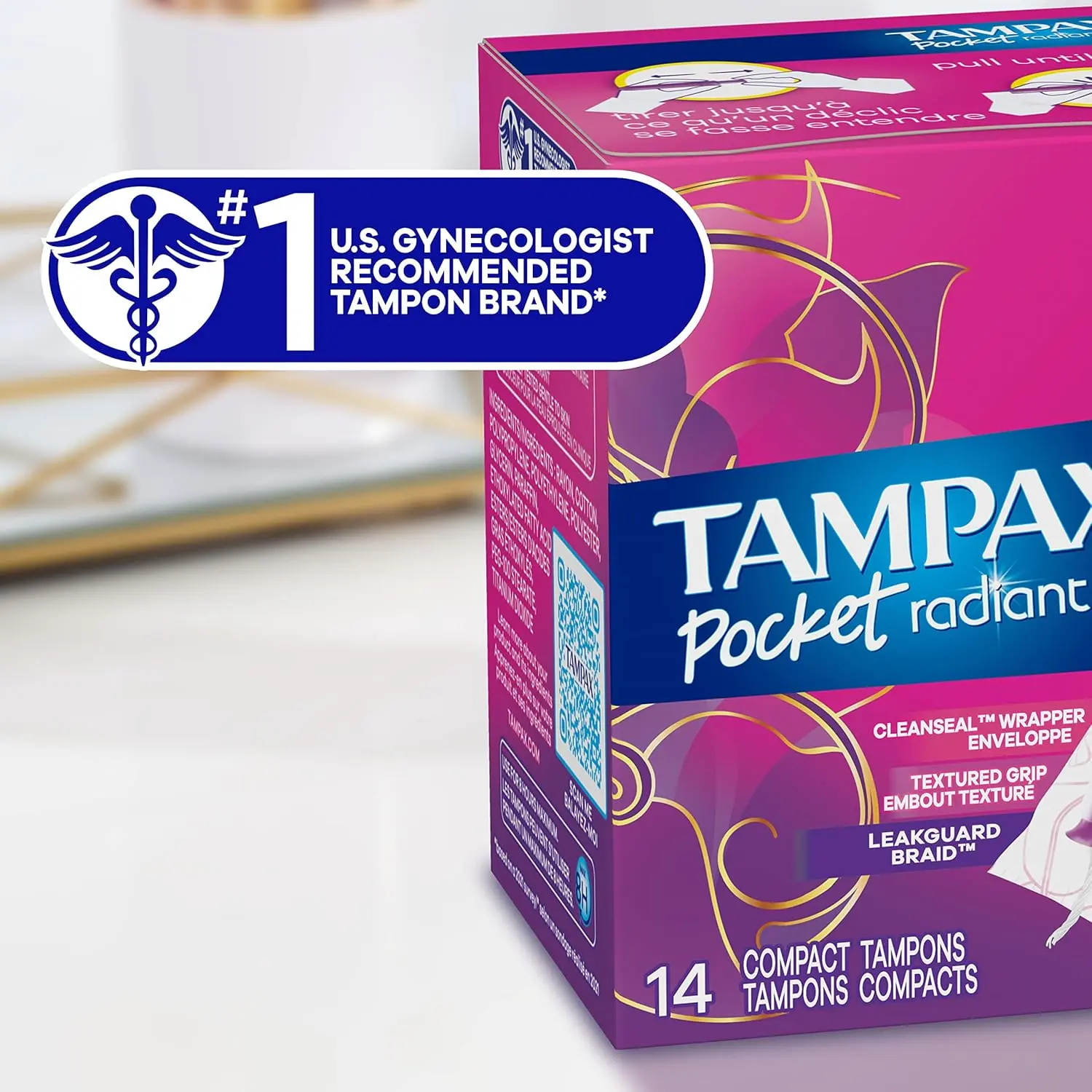 Tampax Radiant Compact Tampons Multi Pack with LeakGuard Braid offers discreet, comfortable, and up to 100% leak-free period protection.