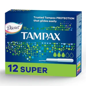 Twelve Tampax Super tampons with smooth plastic applicators, ideal for medium to heavy flow days, offering comfort, protection and discretion.