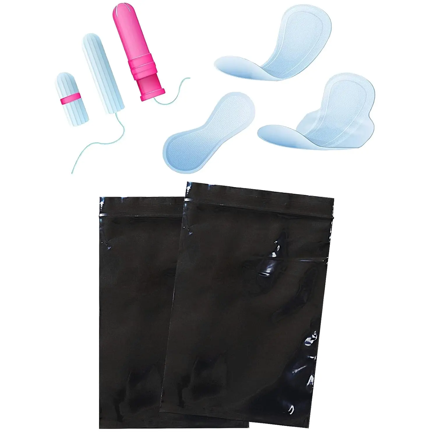 This package includes 200 small, black, opaque tampon disposal bags perfect for discreetly disposing of feminine hygiene products like pads and liners.