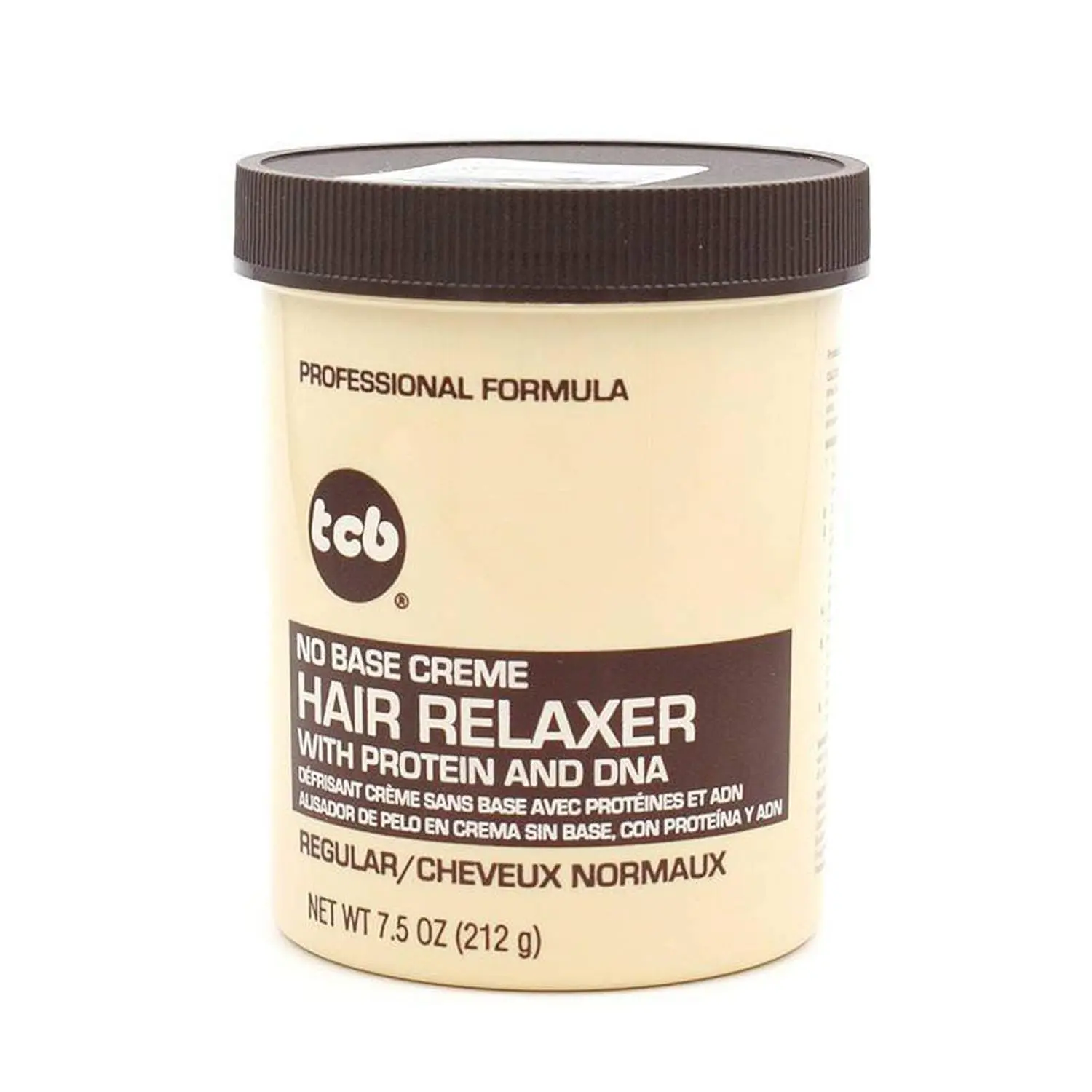 A jar of TCB No Base Hair Relaxer Creme, Regular, for daily use, formulated with care and free from harmful chemicals, ensuring gentle and safe hair straightening.