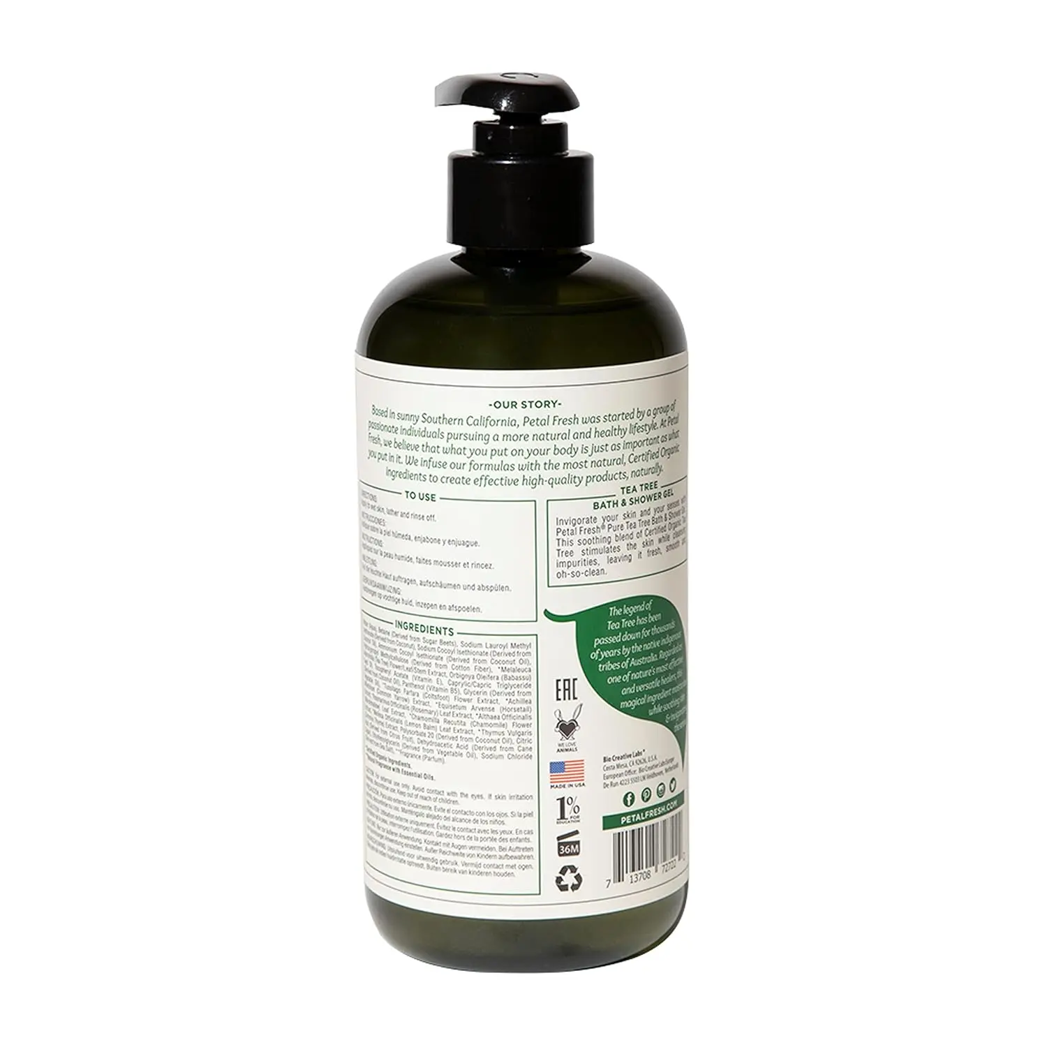 Petal Fresh Tea Tree body wash infused with essential oils for purifying and invigorating daily cleansing, embodying ancient Australian healing traditions.