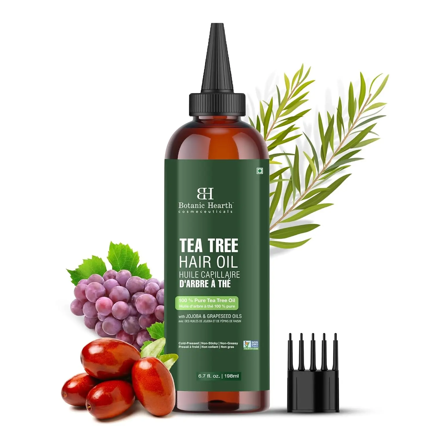 Botanic Hearth tea tree oil for hair with argan, jojoba and grapeseed oils to soothe itchy scalp and fight dandruff.