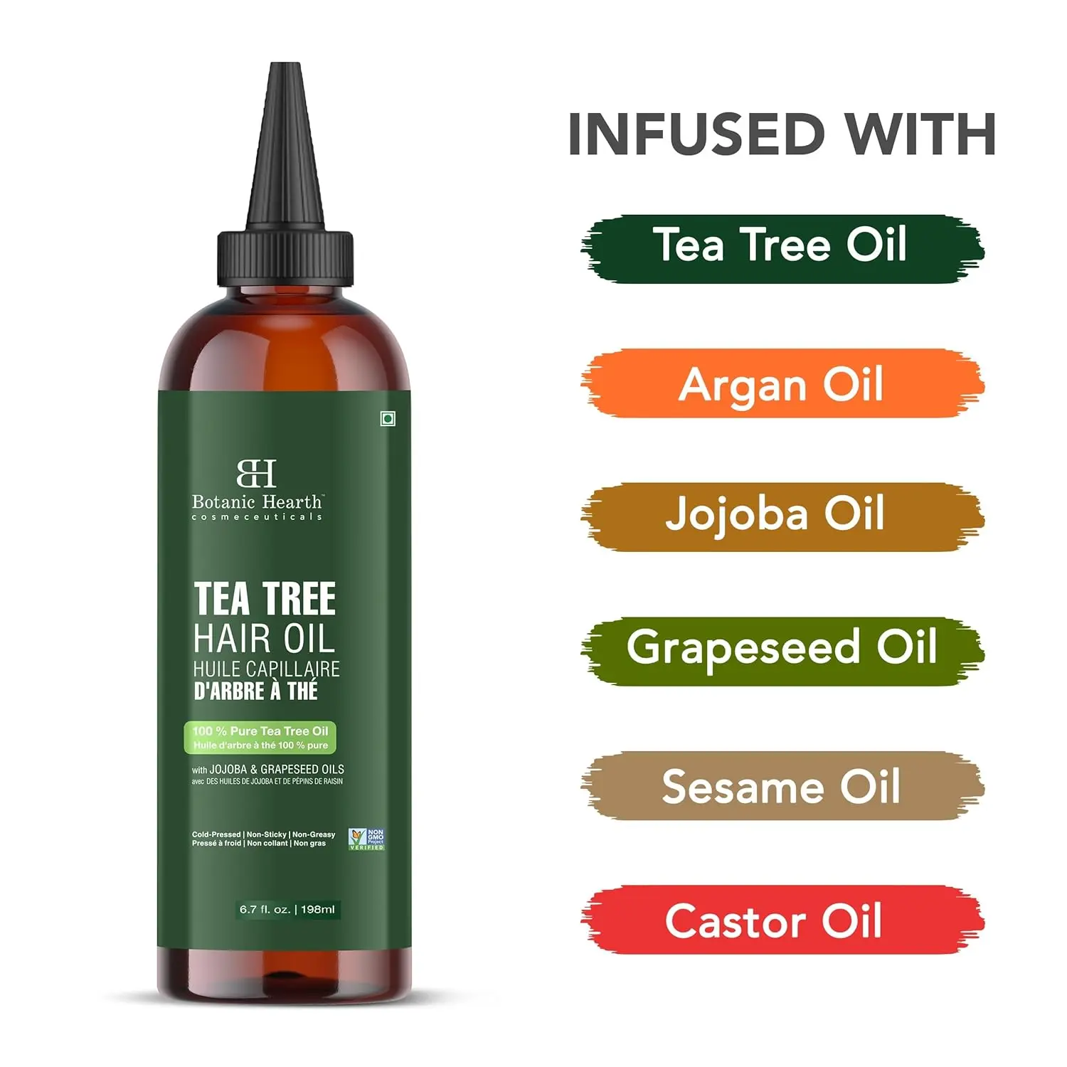 Botanic Hearth tea tree oil for hair with argan, jojoba and grapeseed oils to soothe itchy scalp and fight dandruff.