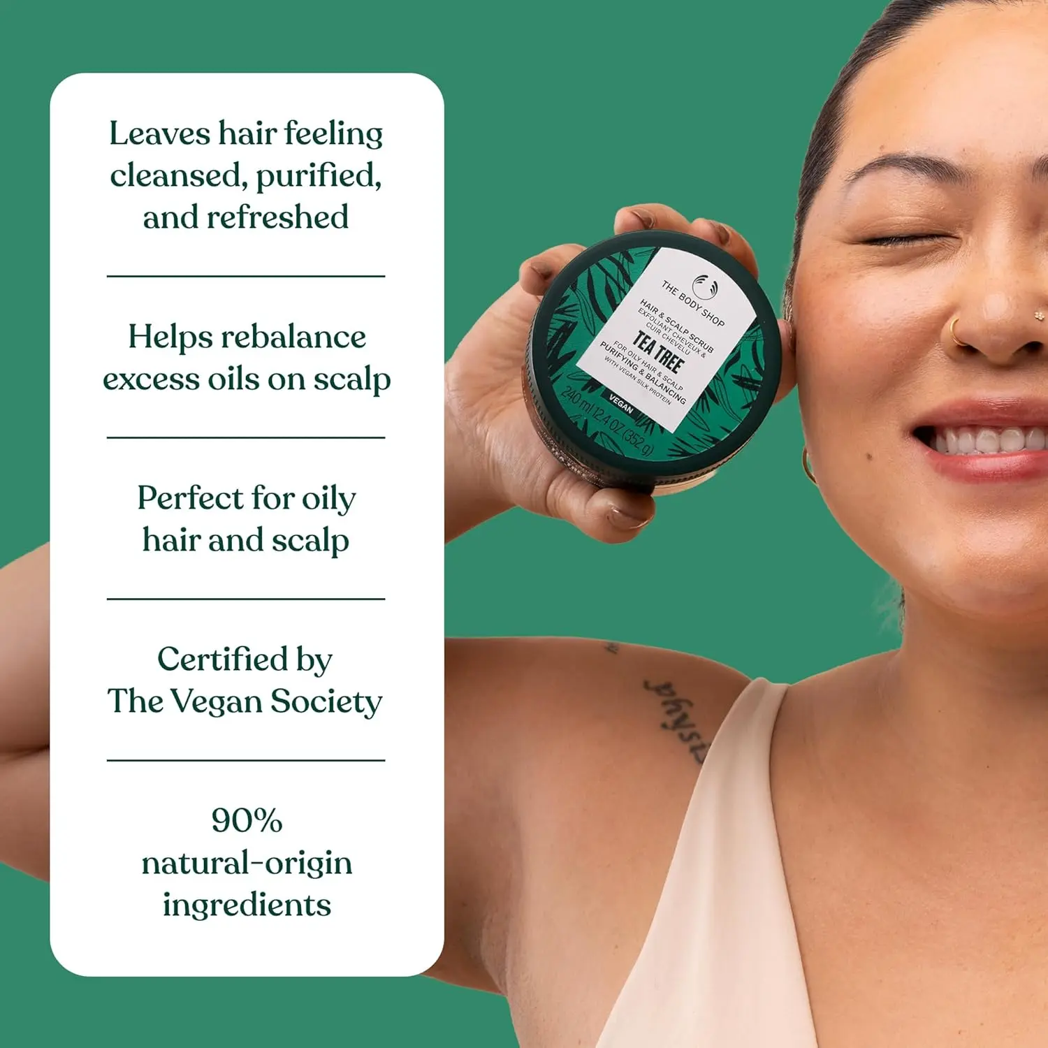 This tea tree hair and scalp scrub purifies, exfoliates, and revitalizes oily hair, leaving it feeling fresh and balanced.