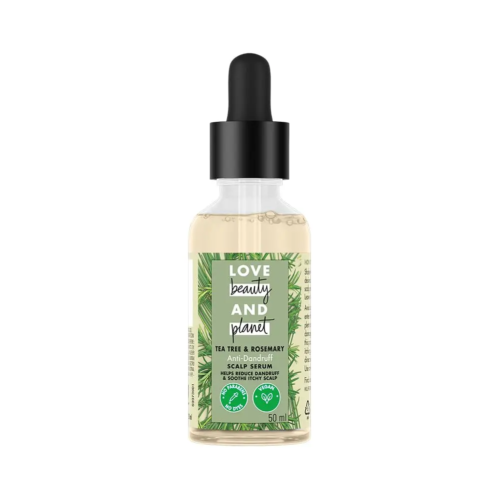 Love Beauty and Planet tea tree and rosemary scalp serum bottle, a lightweight, plant-based vegan formula to reduce dandruff, oiliness, and itchiness, used for overnight treatment.