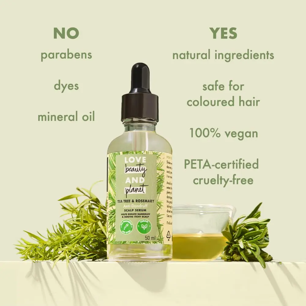 Love Beauty and Planet tea tree and rosemary scalp serum bottle, a lightweight, plant-based vegan formula to reduce dandruff, oiliness, and itchiness, used for overnight treatment.