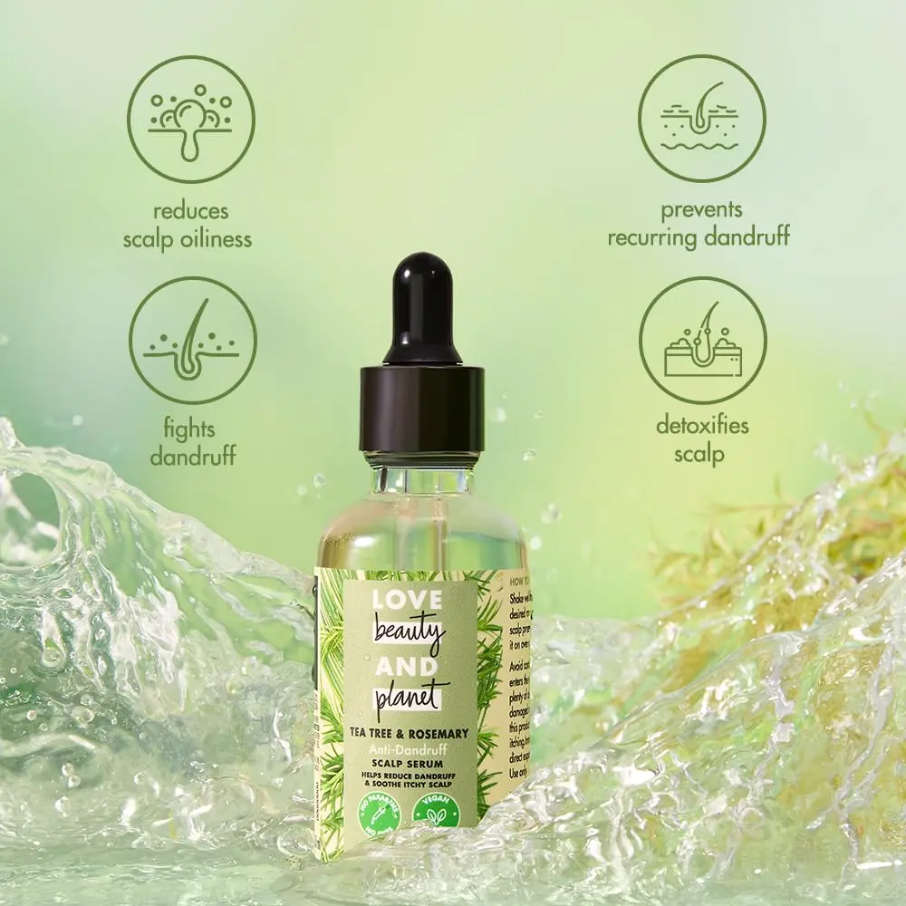Love Beauty and Planet tea tree and rosemary scalp serum bottle, a lightweight, plant-based vegan formula to reduce dandruff, oiliness, and itchiness, used for overnight treatment.