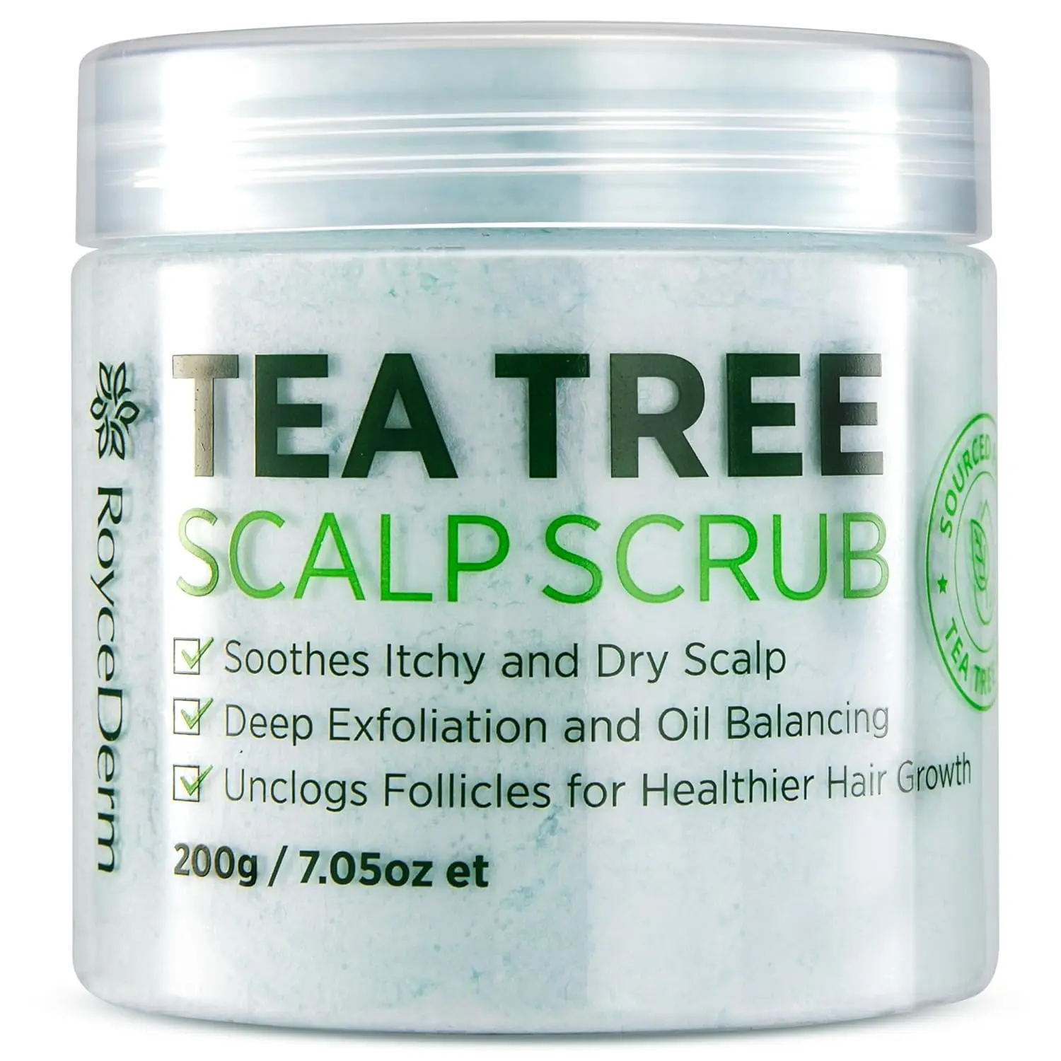 Roycederm tea tree scalp scrub with tea tree oil, shea butter, and witch hazel that soothes itchy scalp, removes dandruff and promotes hair growth.