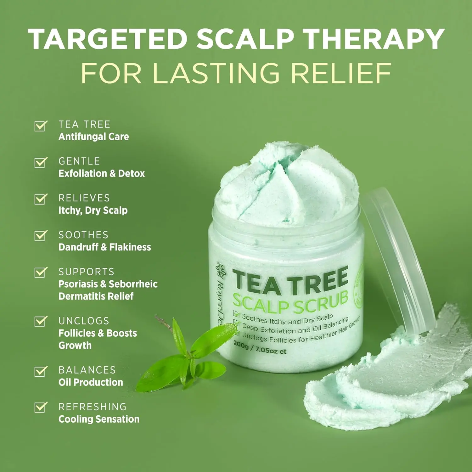 Roycederm tea tree scalp scrub with tea tree oil, shea butter, and witch hazel that soothes itchy scalp, removes dandruff and promotes hair growth.
