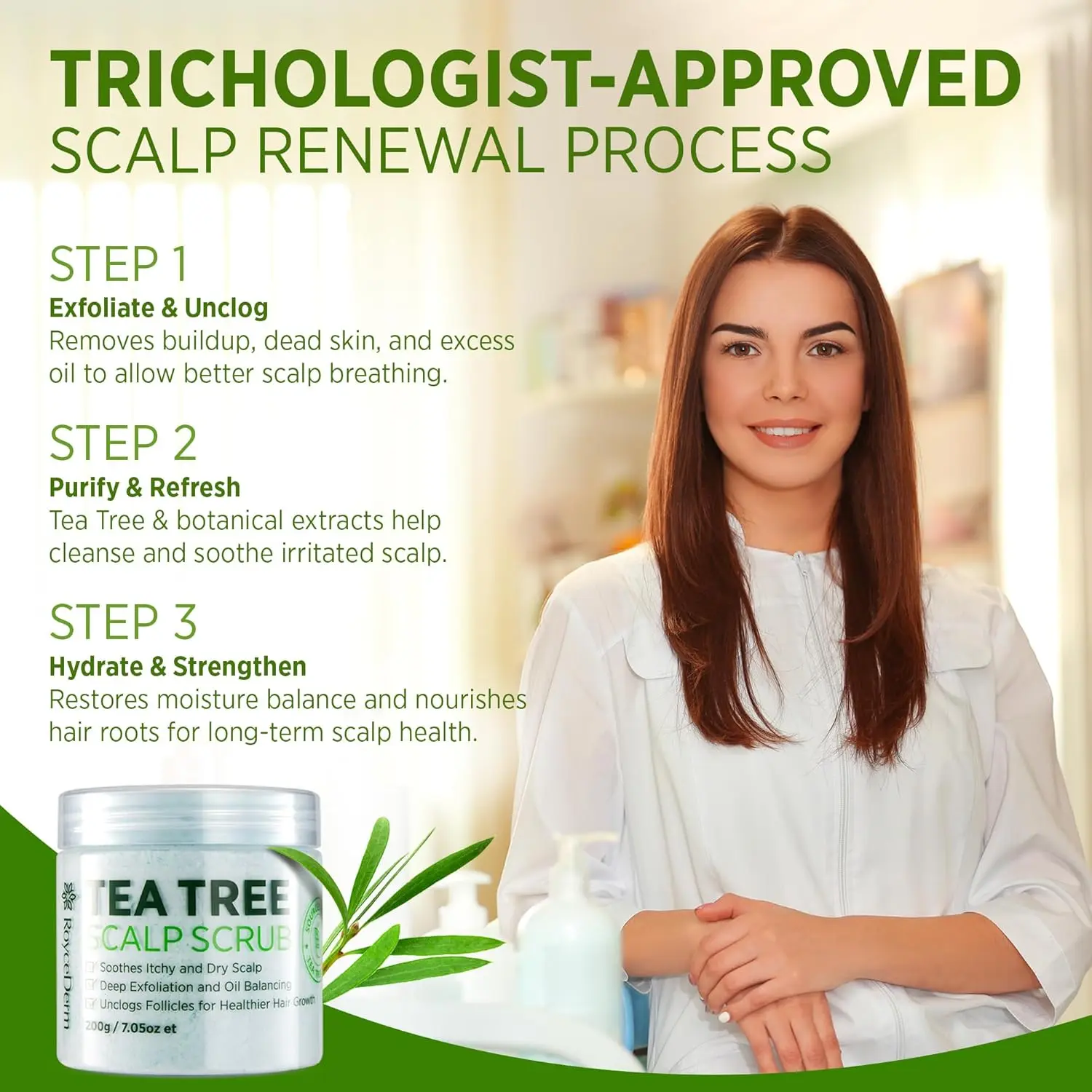 Roycederm tea tree scalp scrub with tea tree oil, shea butter, and witch hazel that soothes itchy scalp, removes dandruff and promotes hair growth.