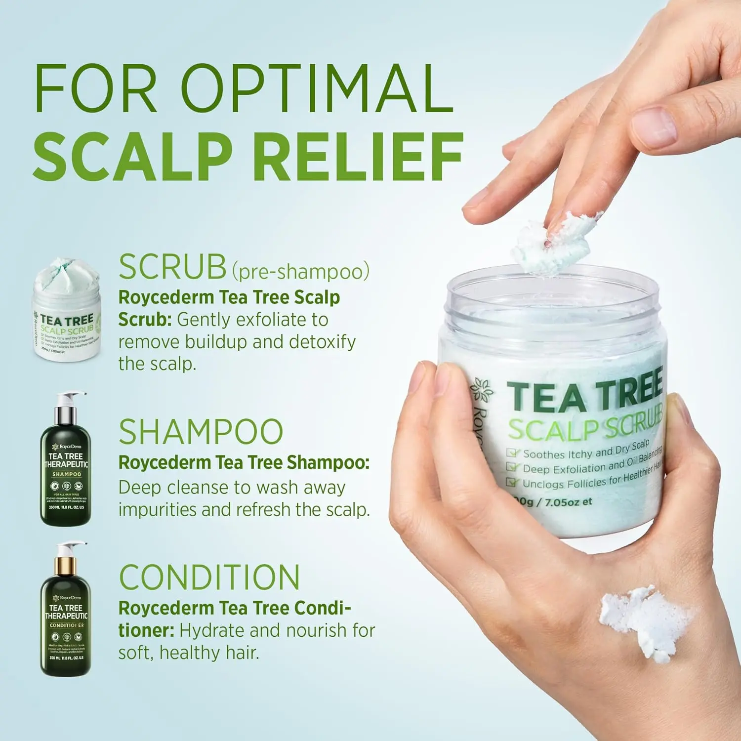 Roycederm tea tree scalp scrub with tea tree oil, shea butter, and witch hazel that soothes itchy scalp, removes dandruff and promotes hair growth.