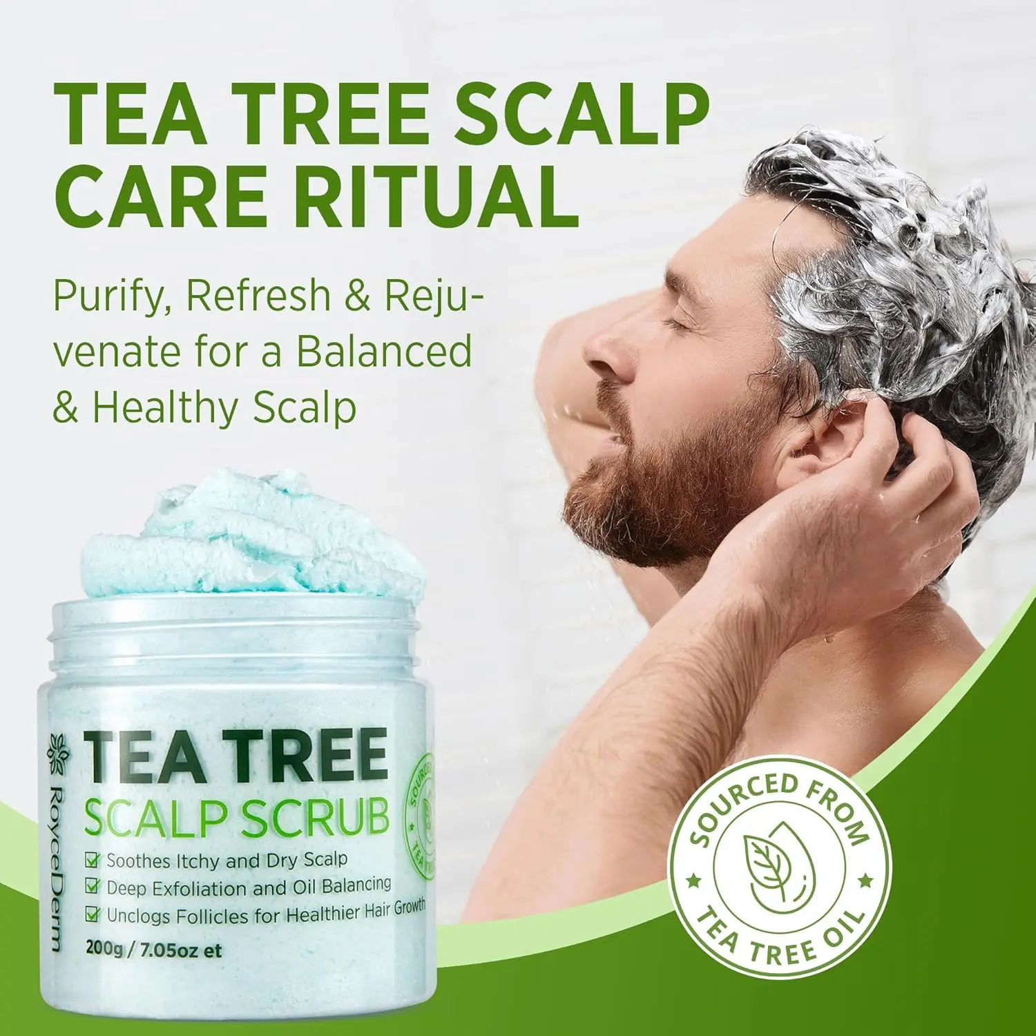 Roycederm tea tree scalp scrub with tea tree oil, shea butter, and witch hazel that soothes itchy scalp, removes dandruff and promotes hair growth.