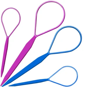 This set of Teenitor hair braid tools includes four pieces in purple and blue colors, designed for creating French braids and stylish ponytails for all hair types and ages.