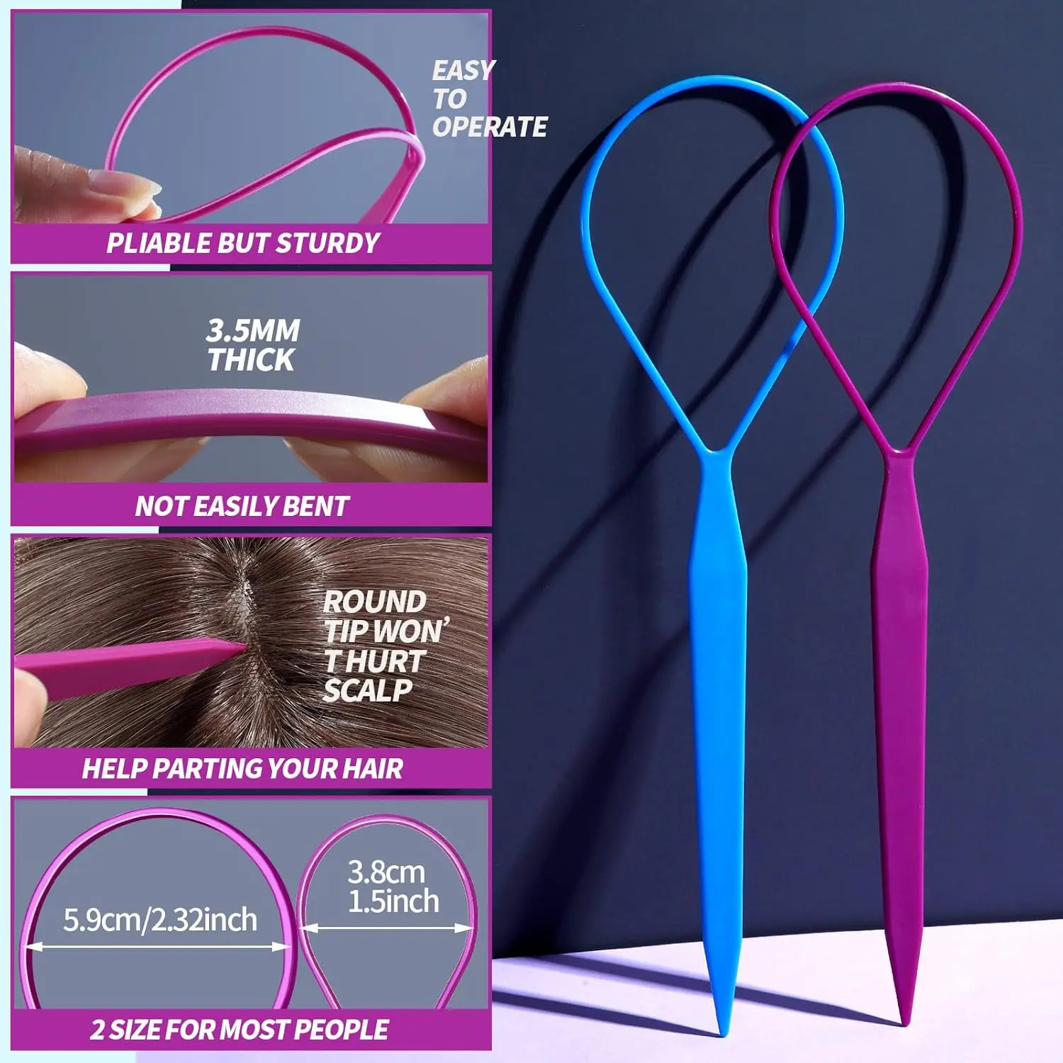 This set of Teenitor hair braid tools includes four pieces in purple and blue colors, designed for creating French braids and stylish ponytails for all hair types and ages.