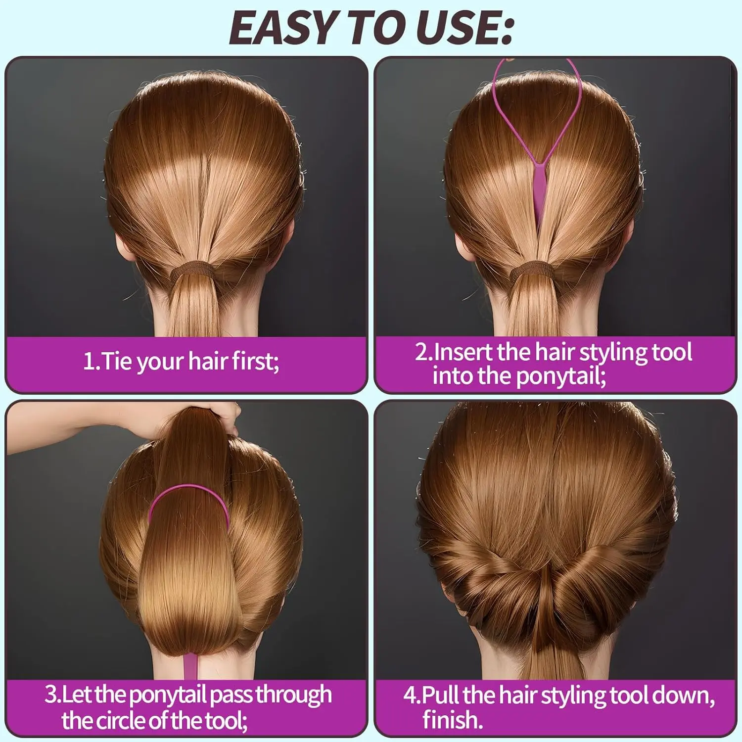 This set of Teenitor hair braid tools includes four pieces in purple and blue colors, designed for creating French braids and stylish ponytails for all hair types and ages.