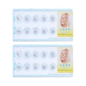 A pack of 20 crystal teeth gems in random colours, perfect for adding sparkle to your smile and DIY tooth jewellery decoration, safely stored in a box.