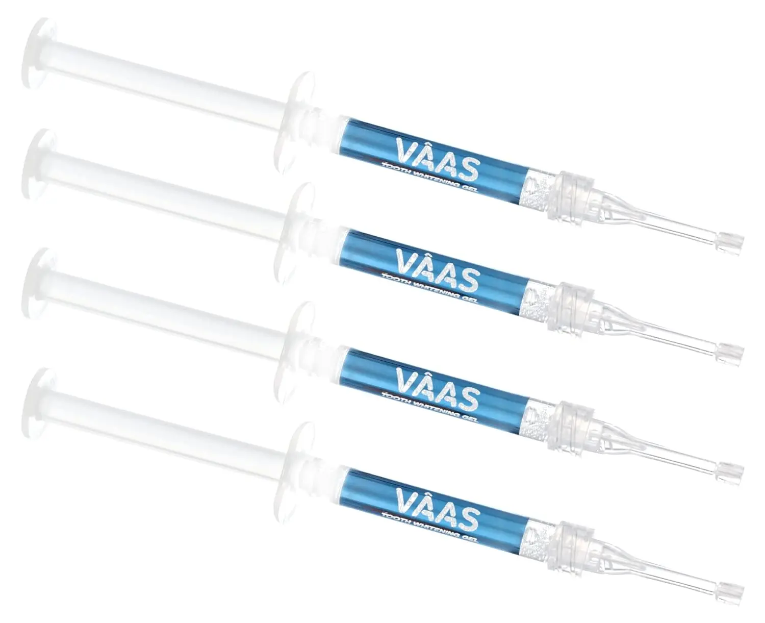 This image shows a set of four minty teeth whitening gel syringes with 35% carbamide peroxide, designed for use with teeth whitening trays to remove stains and brighten your smile.