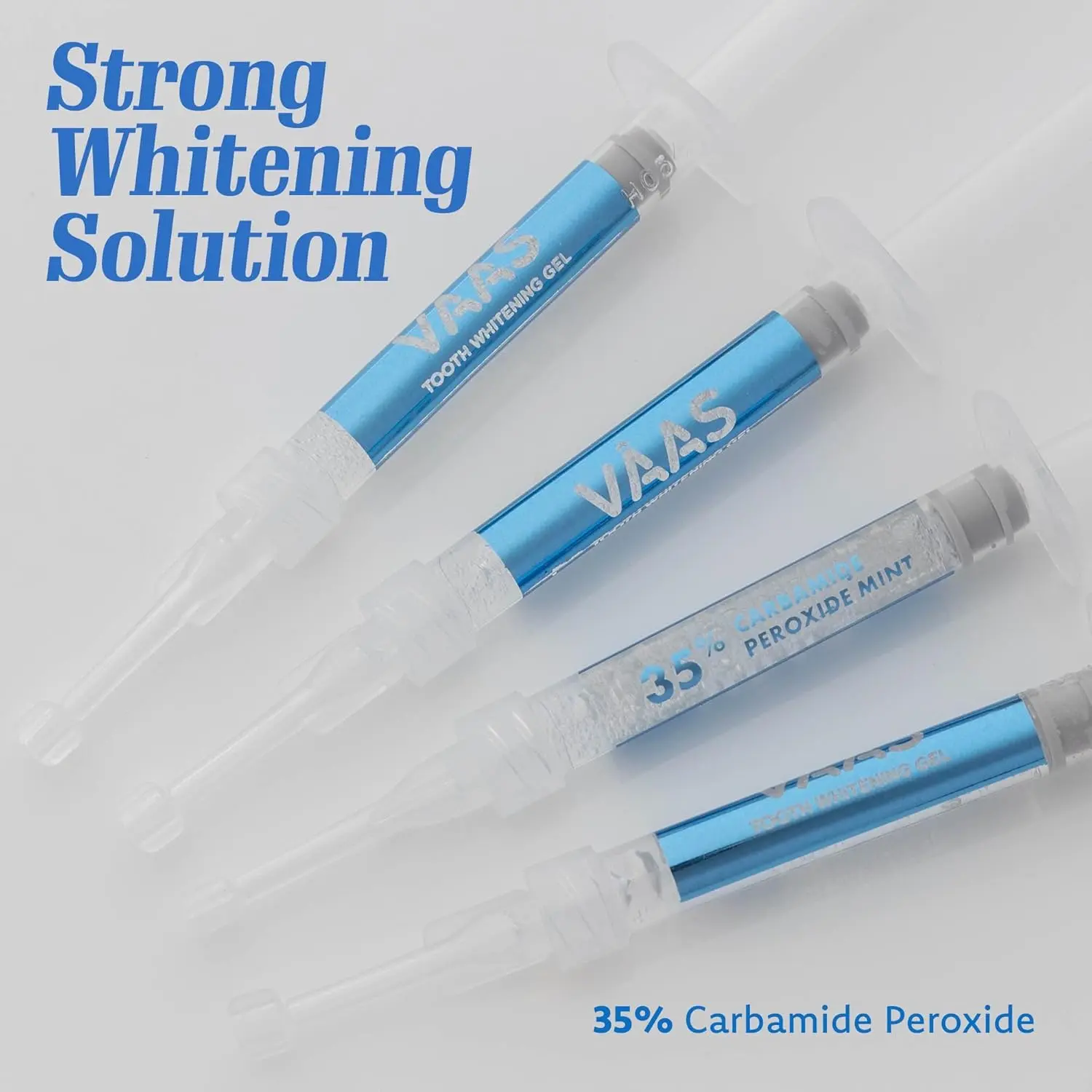 This image shows a set of four minty teeth whitening gel syringes with 35% carbamide peroxide, designed for use with teeth whitening trays to remove stains and brighten your smile.