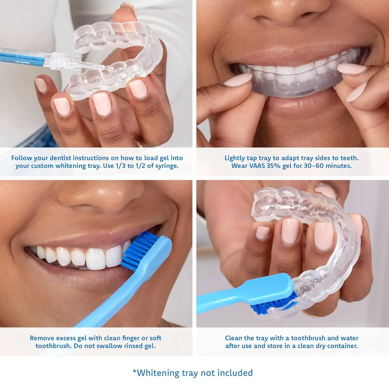 This image shows a set of four minty teeth whitening gel syringes with 35% carbamide peroxide, designed for use with teeth whitening trays to remove stains and brighten your smile.