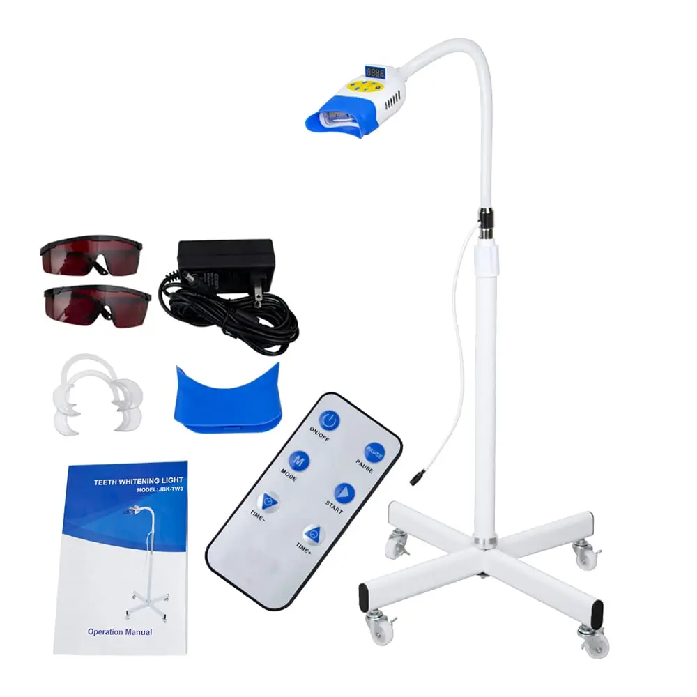 Mobile teeth whitening machine with blue, red, and purple LED light for professional dental bleaching, comes with remote control and accessories.