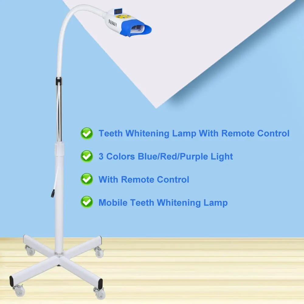 Mobile teeth whitening machine with blue, red, and purple LED light for professional dental bleaching, comes with remote control and accessories.