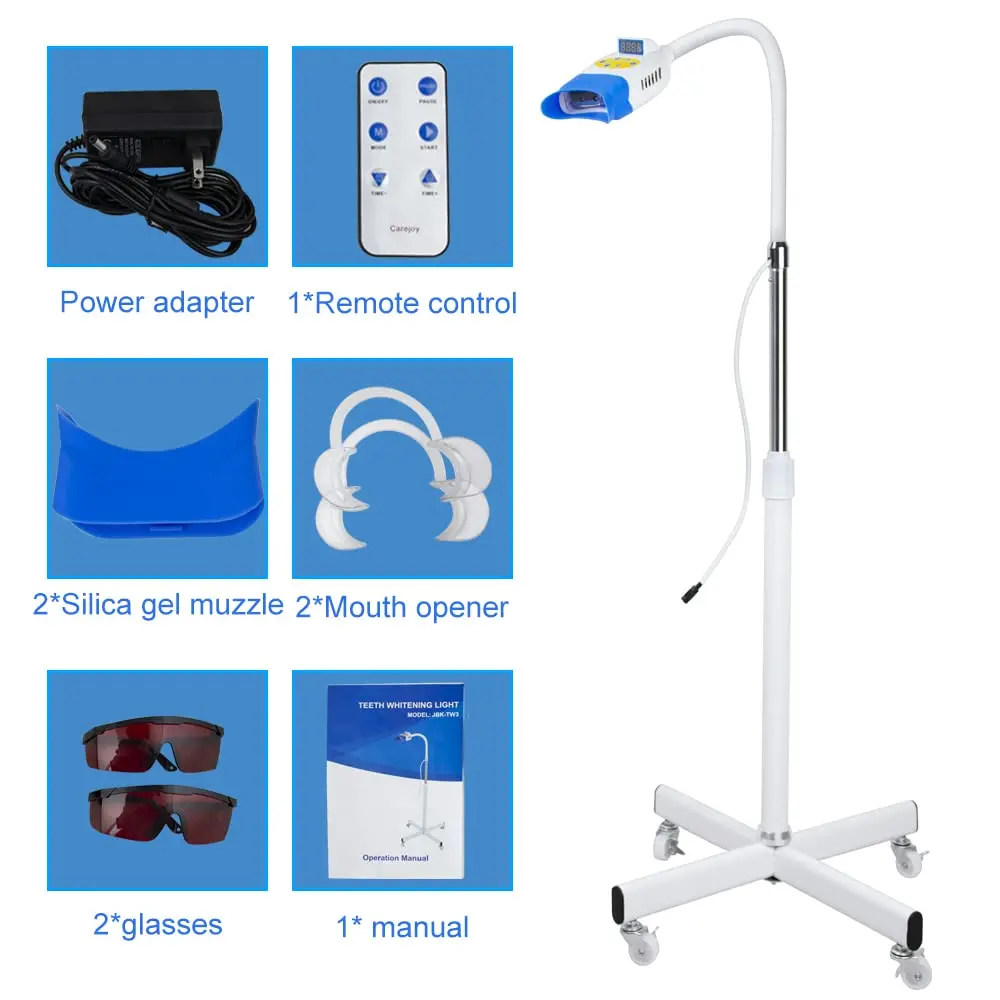 Mobile teeth whitening machine with blue, red, and purple LED light for professional dental bleaching, comes with remote control and accessories.