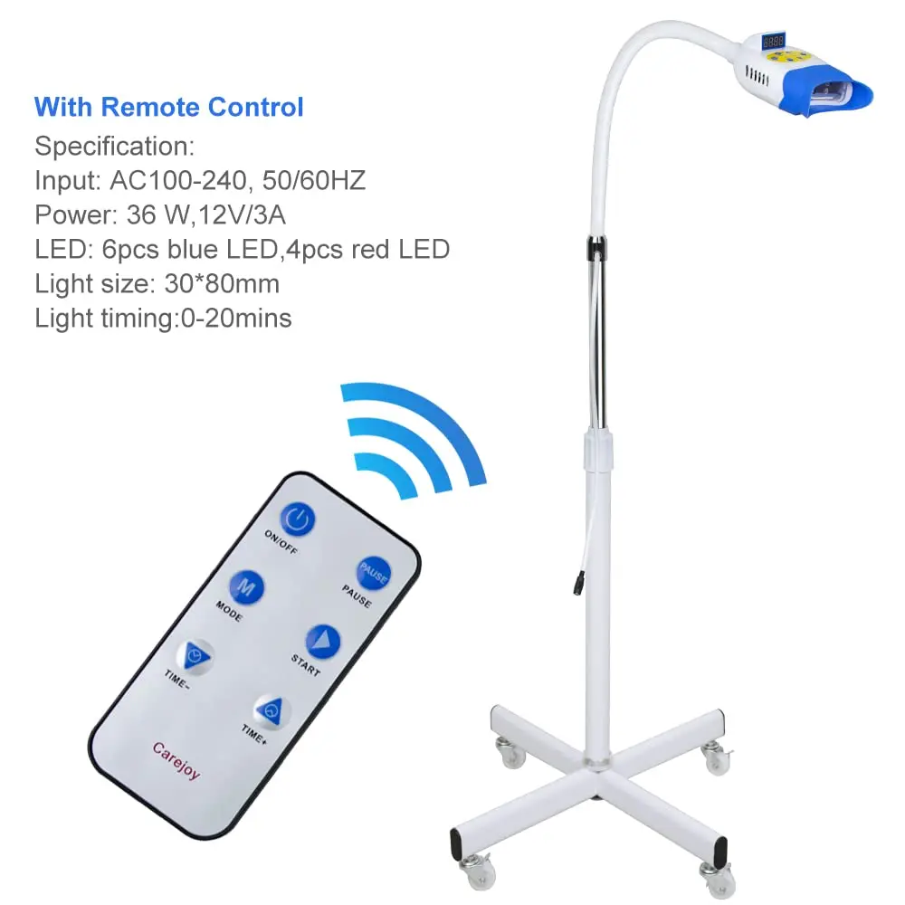 Mobile teeth whitening machine with blue, red, and purple LED light for professional dental bleaching, comes with remote control and accessories.