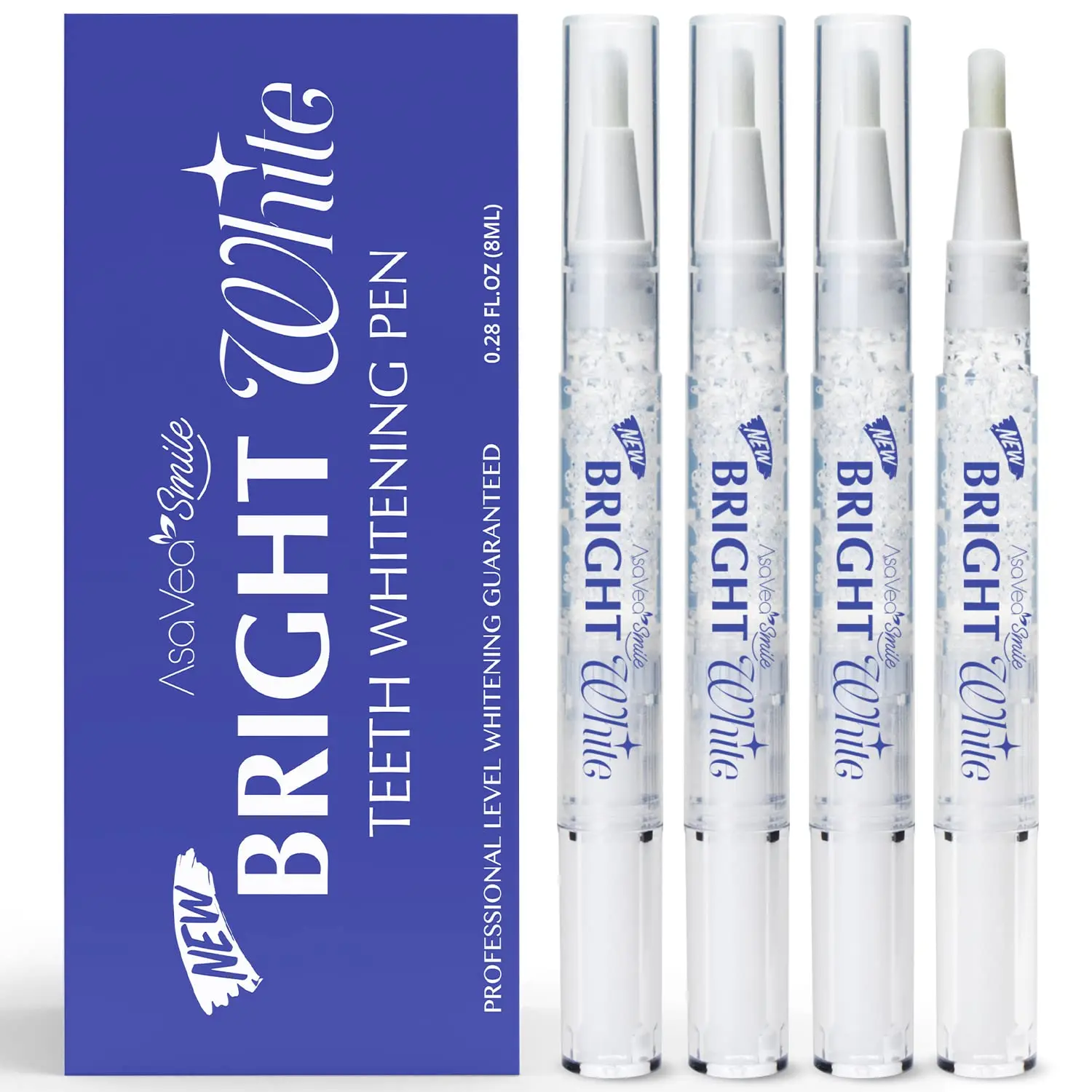 Four teeth whitening pens in packaging promise a beautiful white smile with minty freshness and no sensitivity, perfect for removing years of stains from coffee, tea, or smoking, and travel-friendly.
